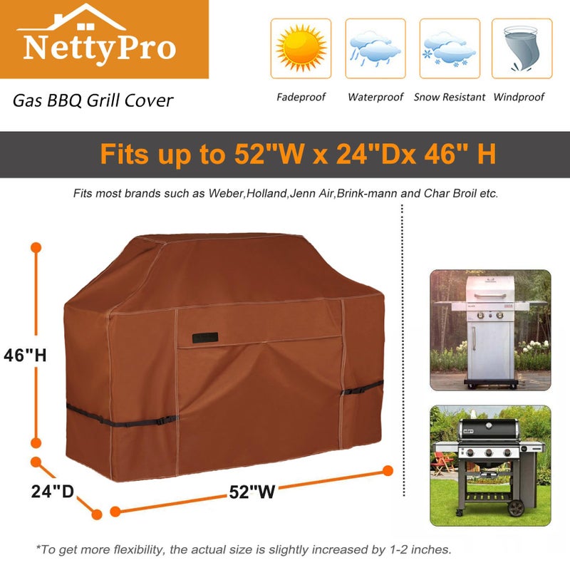 NettyPro BBQ Grill Cover 52 inch Heavy Duty Waterproof Outdoor 2-3 Burners Gas Grill Cover for Outside Weber, Char-Broil, Brinkmann, Nexgrill Barbecue, Brown - Image 4